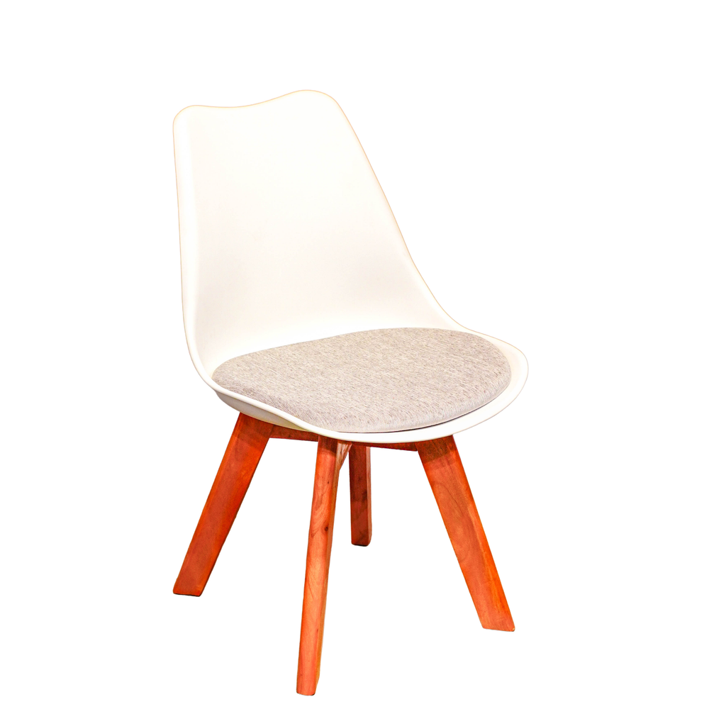 Neva Tulip White shell chair with a pale woven cushion and four tapered wooden legs, front three-quarter view