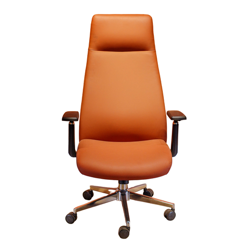 Neva Vero executive office chair in tan-brown upholstery, front view with its tall continuous back, black arms and chrome five-spoke base.