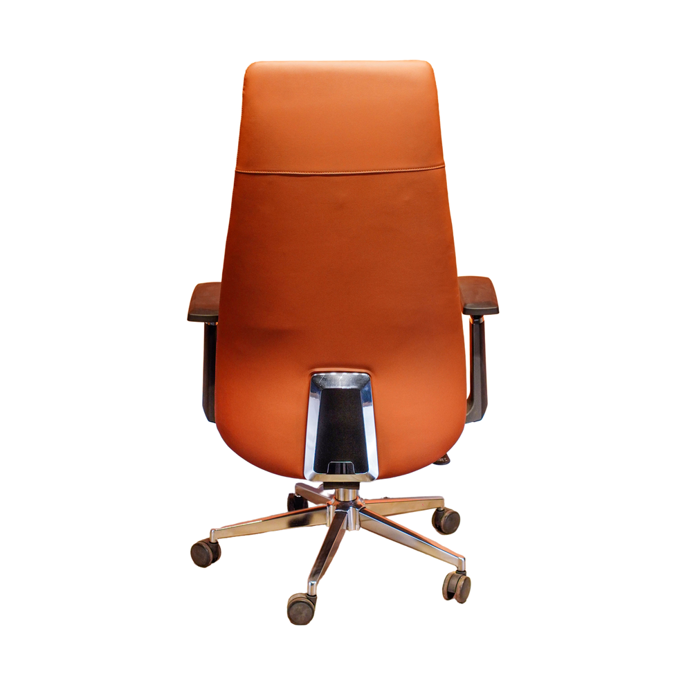 Rear view of the Neva Vero tan-brown office chair, showing the upholstered back, chrome-edged lower fitting and five-spoke base.