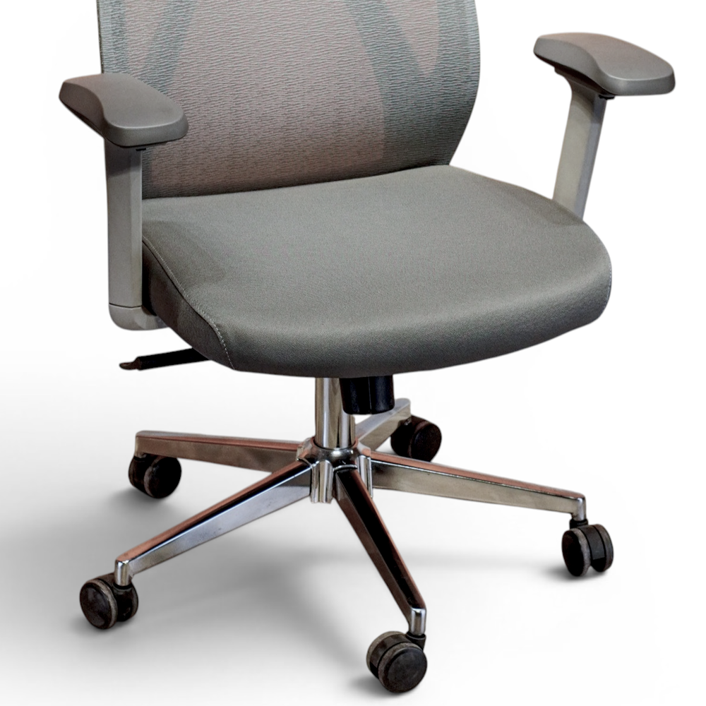 Neva X-Air Grey fabric-covered seat, contoured armrests, under-seat paddle and chrome-finish base, cropped from the existing product photograph.
