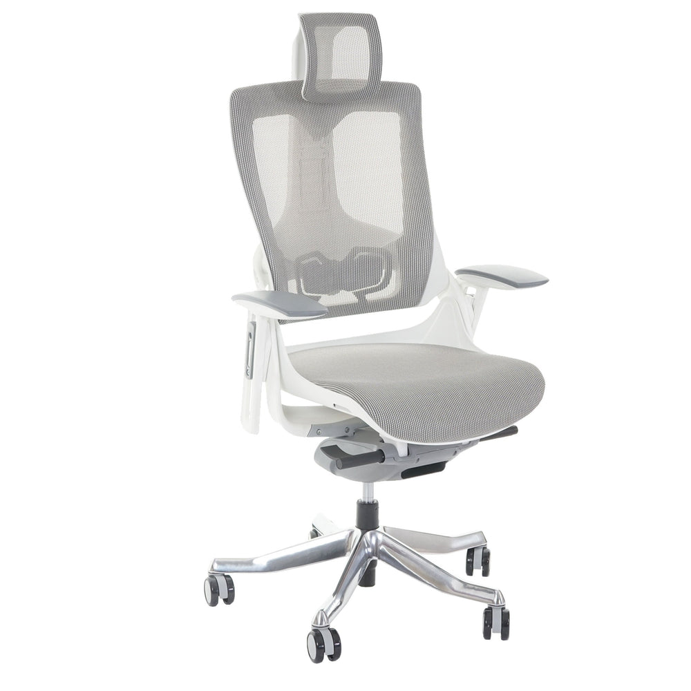 Gray office chair with mesh back on a white background