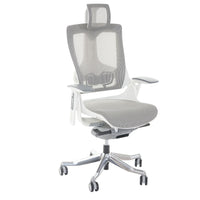 Gray office chair with mesh back on a white background