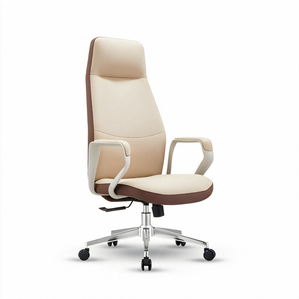 Neva Vale Chair in Caramel Tan with high back and chrome-finished metal base